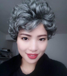 COS扮演老奶奶女短卷发舞台表演老婆婆老人老母亲花白色灰白假发