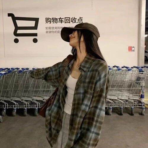 美式复古格子长袖衬衫女