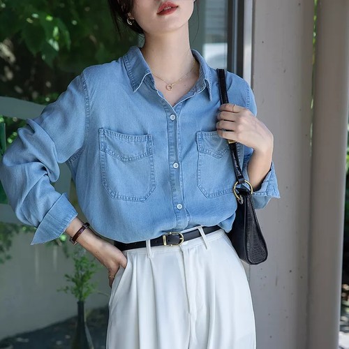 蓝色牛仔衬衫女2023早春