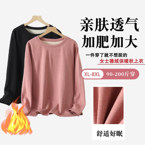 中老年妈妈新款纯色德绒圆领保暖秋衣女士大码加绒加厚保暖睡衣