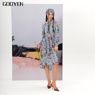 Gooyen/古源香草美人立领系带长袖蛋糕裙女蓝色收腰长裙气质显瘦