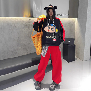 冬季时尚拼色趣味卡通大版胖mm小个子帽衫两件套宽松休闲显瘦套装