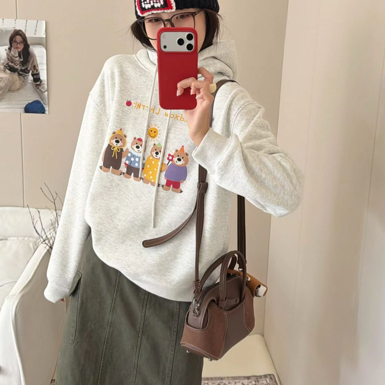冬季加绒连帽卫衣女韩版卡通新款宽松口袋学院风洋气百搭减龄外套