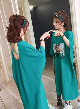 2025夏季露背加长款宽松大板韩版短袖T恤女韩范显瘦体恤裙半袖t恤
