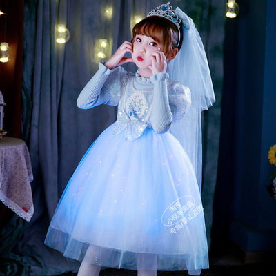 发光爱莎公主女童秋冬毛衣连衣裙