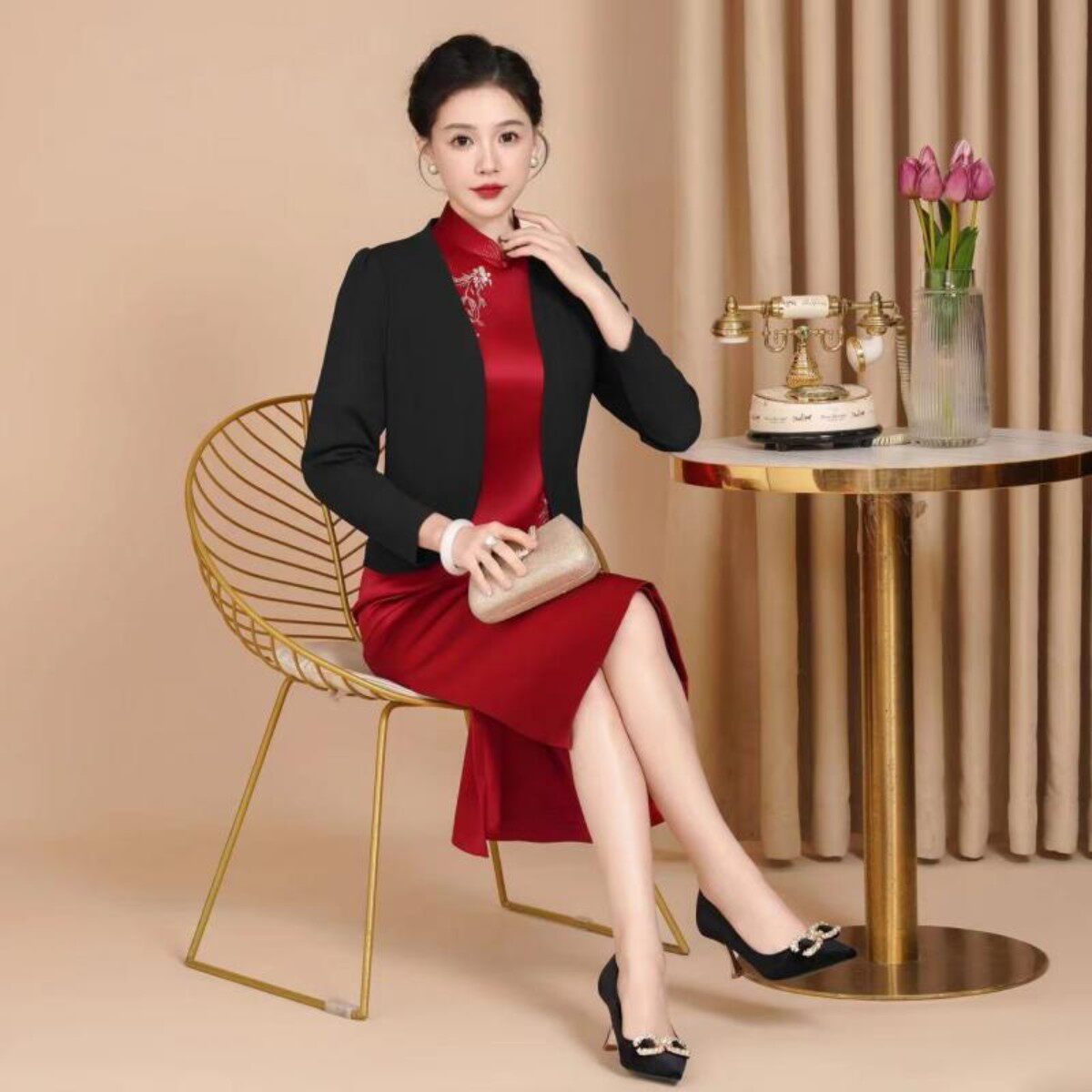 纯色旗袍外搭小坎肩婚礼妈妈装喜婆婆婚宴礼服披肩开衫春秋外套