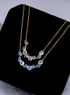 s925纯银冷淡风蓝尖晶花朵项链