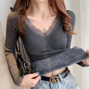 发热保暖背心女V领蕾丝边螺纹加绒加厚带胸垫打底衫