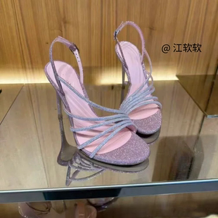 孙智惠同款粉色水钻一字带凉鞋女2026夏细跟气质小众甜美高跟鞋