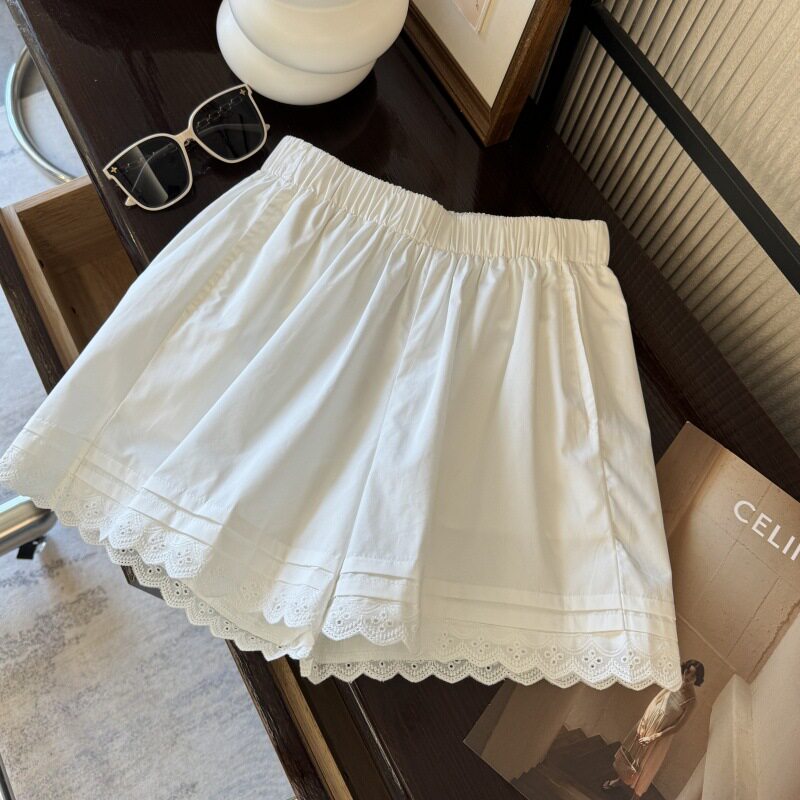 蕾丝花边白色短裤女2025春夏松弛感宽松小个子百搭a字休闲阔腿裤