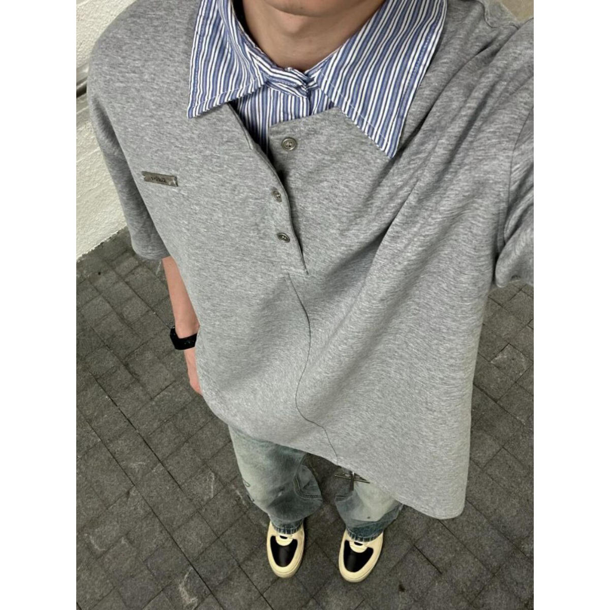 条纹衬衫领拼接假两件短袖男夏季设计感小众ins潮牌POLO衫情侣t恤