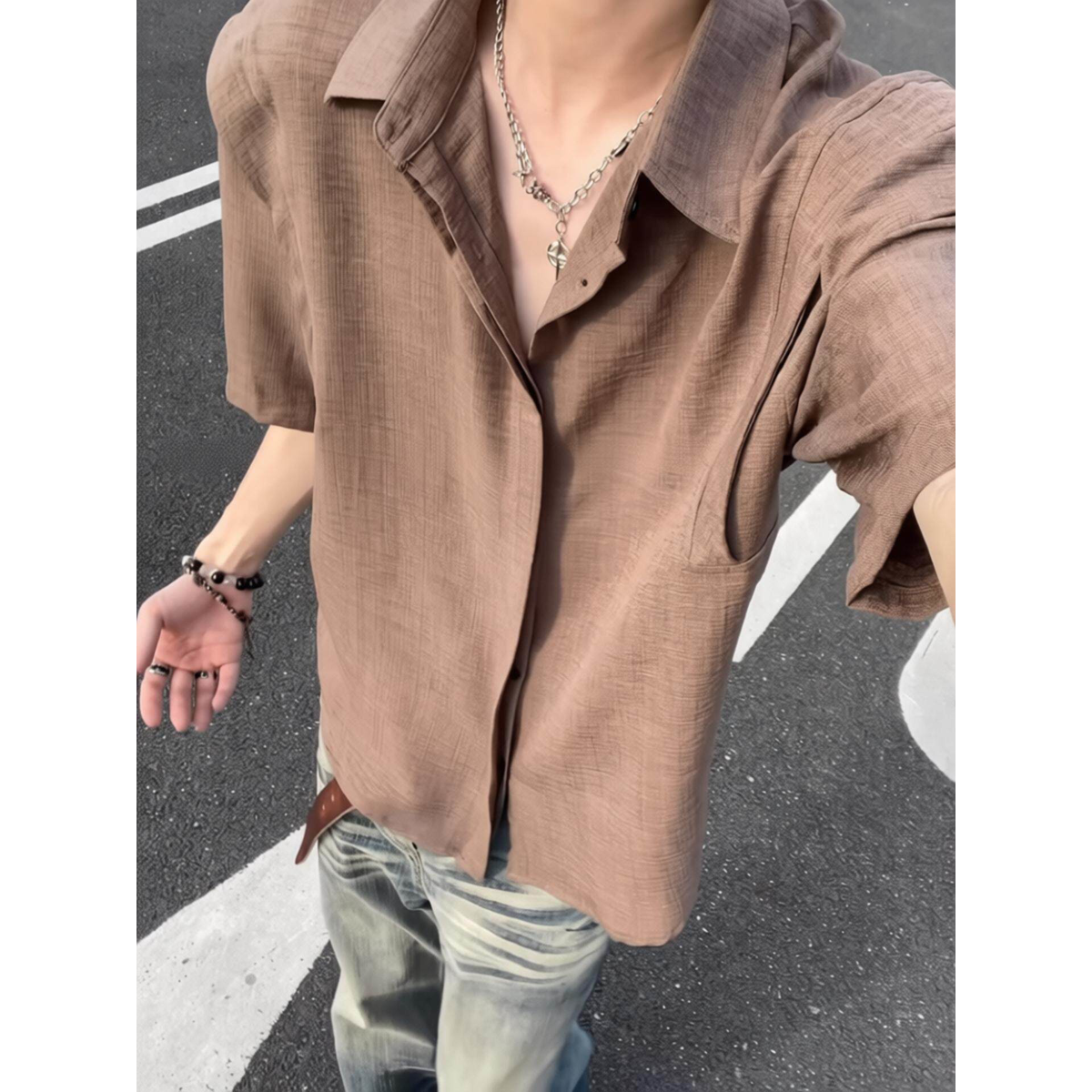 老钱风仿亚麻衬衫短袖男夏季薄款解构设计感衬衣垂感透气防晒外套