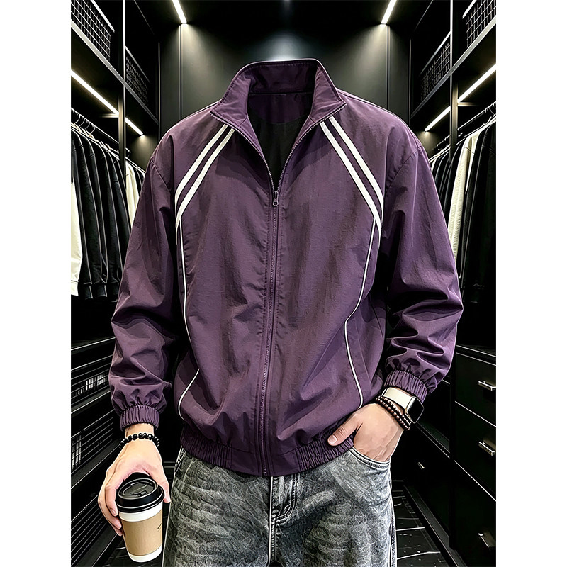 紫色条纹立领飞行夹克男款秋季廓形短款棒球服户外三防冲锋衣外套
