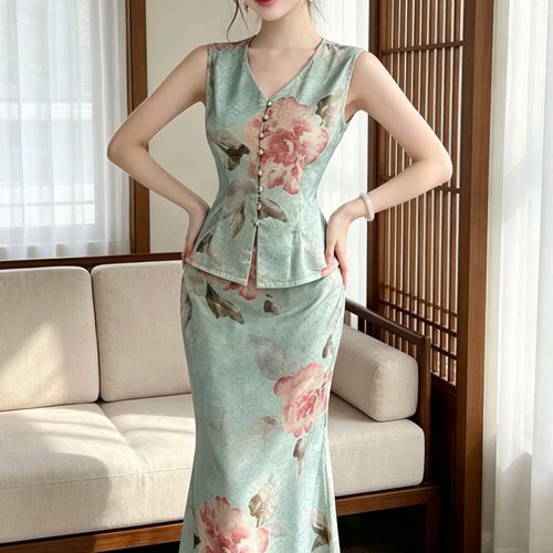 中式龟裂纹v领提花水蓝玫瑰套装