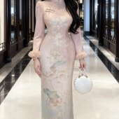 加绒改良连衣裙女修身 新中式 显瘦荷花满凝香 温柔旗袍长袖 秋冬厚款