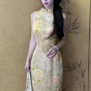 自制新中式 港工旗袍日常可穿小个子连衣裙平替芍药花 缎面提花无袖