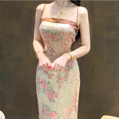 中式缎面旗袍吊带连衣裙花容月貌
