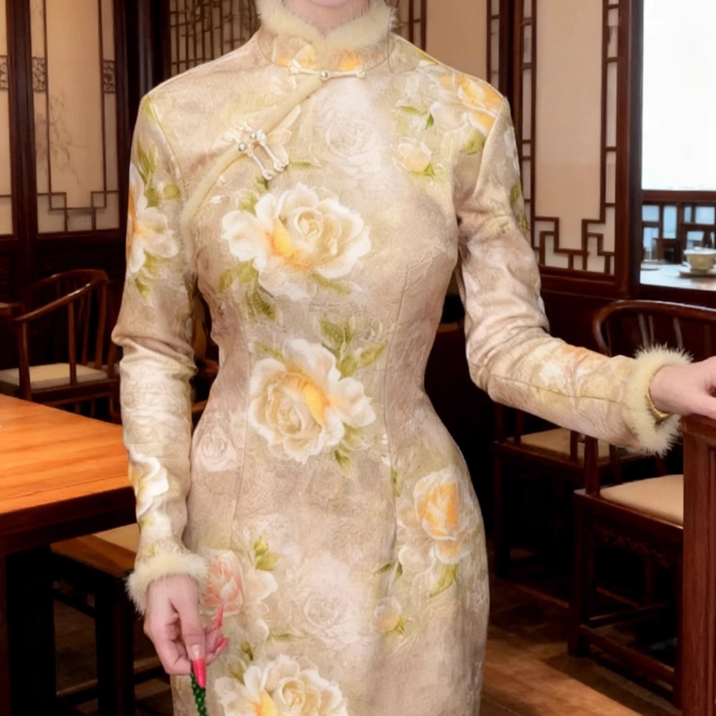 厚款针织真毛秋冬旗袍长袖芍药花