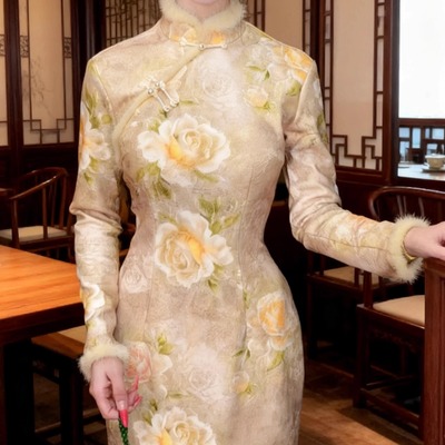 厚款针织真毛秋冬旗袍长袖芍药花