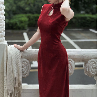 新中式春夏针织提花红色水滴领旗袍高级感订婚连衣裙礼服红墙蝴蝶