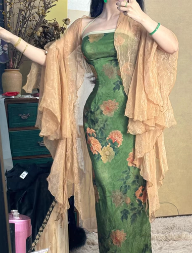 新中式挂脖吊带裙提花缎面旗袍