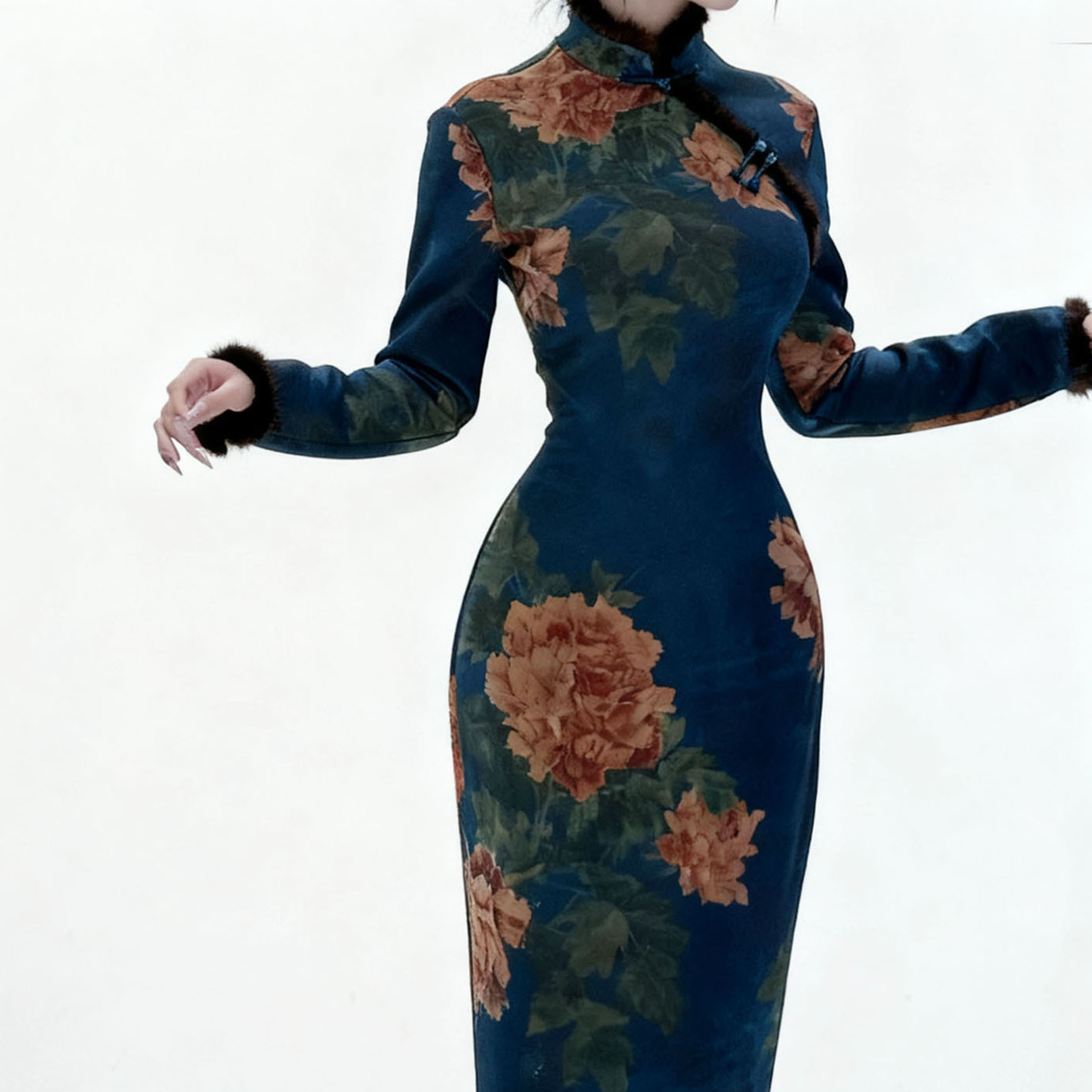 新中式复古风情旗袍厚款气质如蓝