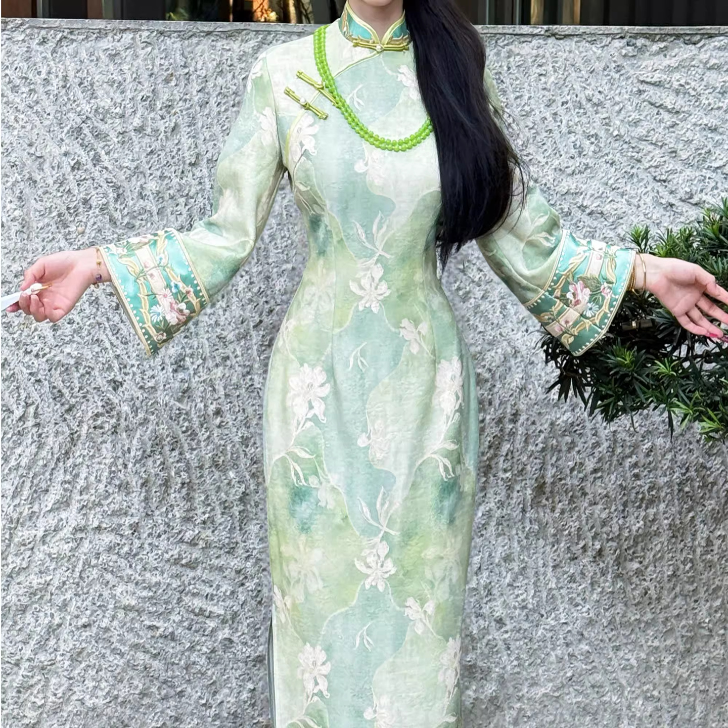 秋冬厚款提花旗袍英花绿颜倒大袖