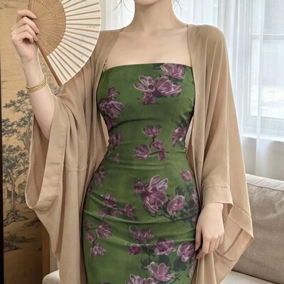 新中式弹力网纱吊带裙女绿城玉兰