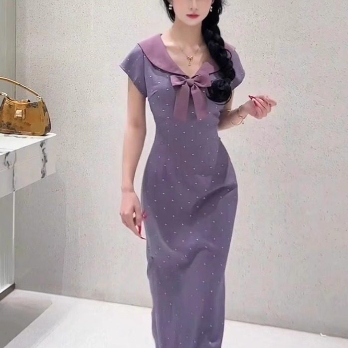 自制学院风紫色旗袍连衣裙中国风娃娃领长款裙子气质 芋妮小姐