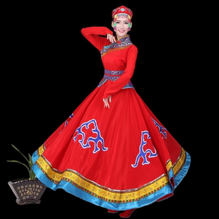 女长款 蒙古演出服装 女草原蓝色蒙古舞蹈表演服成人大摆裙蒙古服装