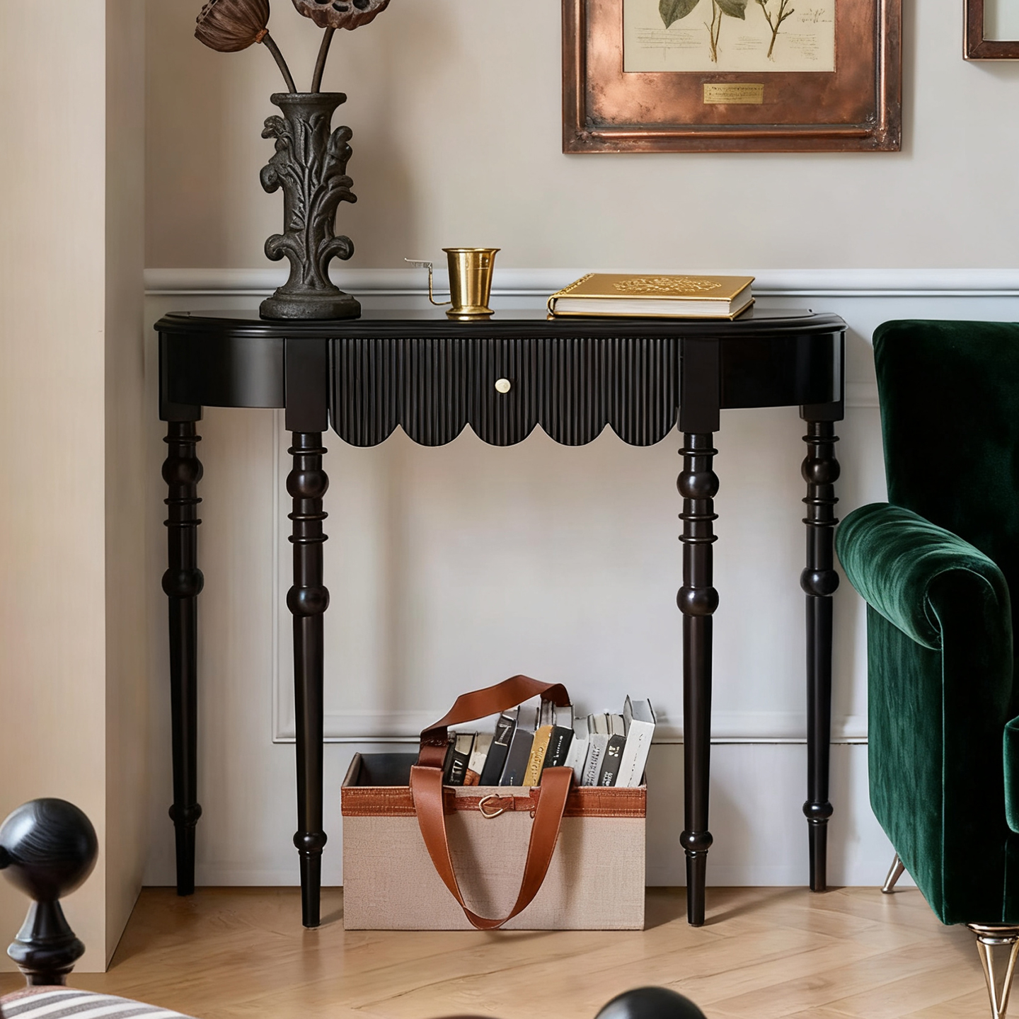 复古欧式玄关台半圆形实木雕花边桌客厅靠墙装饰桌黑色玄关窄条桌