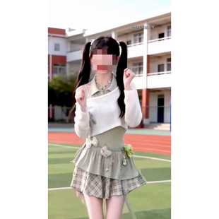 两件套装 防晒罩衫 长袖 日系温柔小清新校园风绿色拼接格纹连衣裙