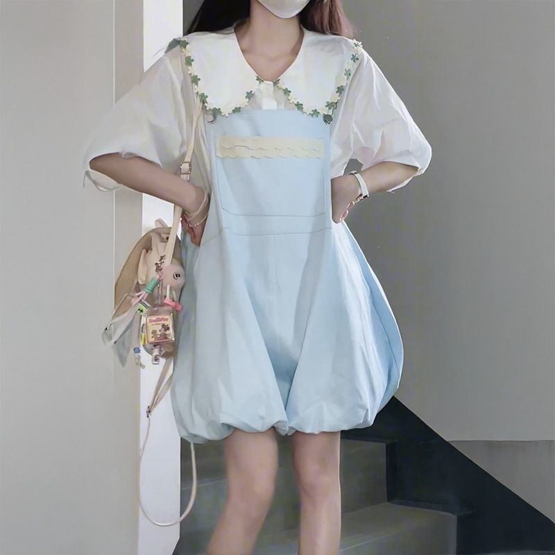 日系甜美风小个子可爱蝴蝶结背带花苞裤搭配娃娃领衬衫女两件套装
