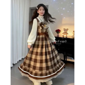 两件套装 法式 长袖 打底衫 甜妹学院风格 纹蝴蝶结小个子背带连衣裙