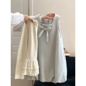 日系温柔甜妹感蝴蝶结背心花苞裙叠穿百搭波点打底衫 上衣两件套装