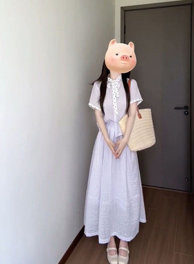 夏季2025新款温柔风紫色条纹波点短袖衬衫搭配高腰半身裙两件套装