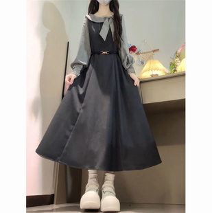 法式优雅时尚感假两件蝴蝶结拼接连衣裙新款收腰高级感长裙送腰带