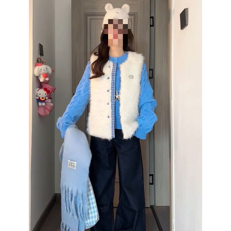 法式温柔气质感毛茸茸马甲外套搭配蓝色麻花长袖毛衣开衫两件套装,女装/女士精品,时尚套装,淘宝优惠券,粉丝福利购,淘宝优惠卷