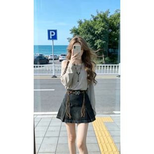 上衣两件套装 露肩长袖 气质穿搭水洗做旧高腰牛仔半身裙 早春时尚