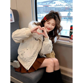 法式 温柔甜美风杏色毛毛领连帽棉服外套冬日高级休闲宽松保暖棉衣