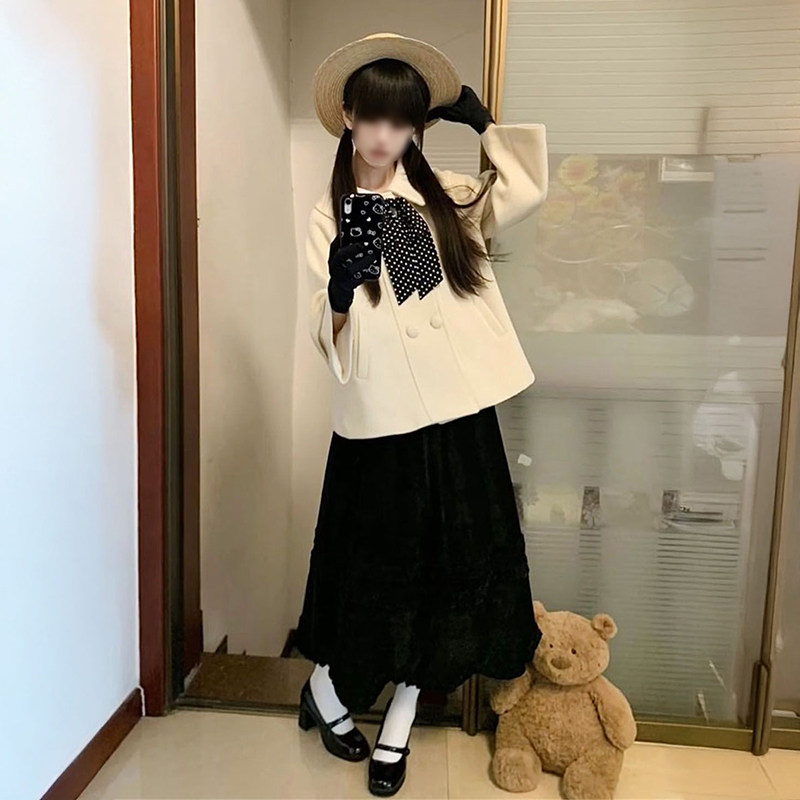 日系多巴胺穿搭蝴蝶结杏色毛呢外套女+高腰木耳边半身裙两件套装,女装/女士精品,时尚套装,淘宝优惠券,粉丝福利购,淘宝优惠卷