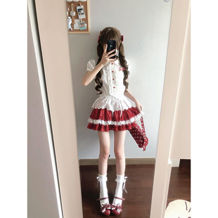 夏日草莓红白层次感甜美蛋糕短裙搭配独特娃娃领短袖 上衣两件套装