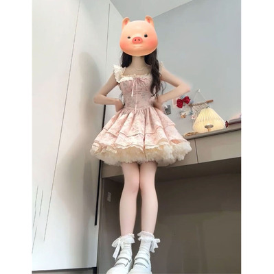小飞袖碎花公主短裙收腰连衣裙