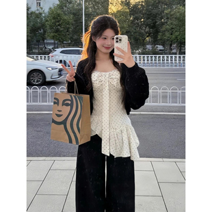 搭配不规则波点吊带上衣两件套装 法式 温柔少女氛围感黑色针织开衫