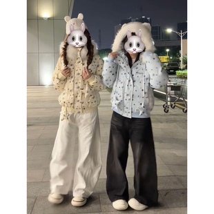 冬季慵懒风星星满印耳朵毛领连帽棉服外套女宽松保暖设计感面包服