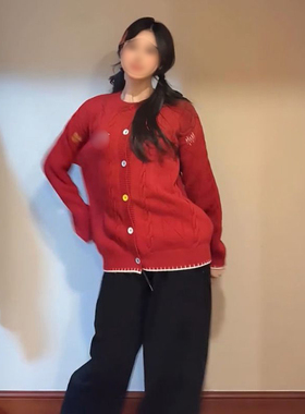 法式甜美活力感新年红色彩虹单排扣毛衣开衫圣诞保暖元气上衣外套