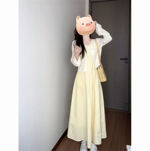 两件套装 法式 防晒开衫 温柔甜美风黄色收腰背带连衣裙搭配薄款 长袖