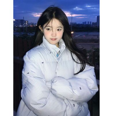 蓝色条纹蝴蝶结棉服外套