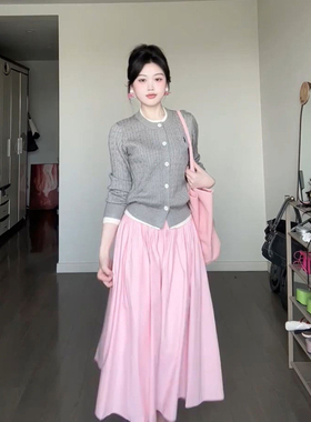 早秋温柔甜美风假两件灰色针织毛衣开衫+粉色高腰半身裙两件套装