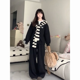 三件套装 早秋通勤时尚 宽松阔腿裤 拼色条纹披肩 感黑色假两件卫衣